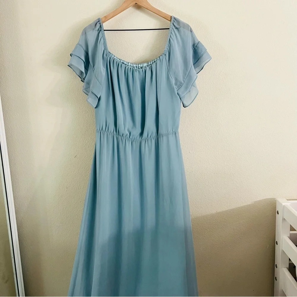 Ceremony by Joanna August Women's Slate Blue Chiffon Maggie Dress Long Med NWT